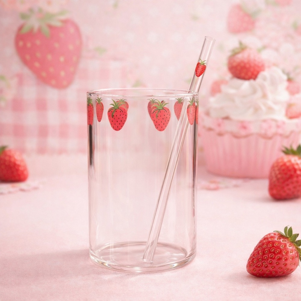 🍰 Small Strawberry Glass Cup with Straw Mini